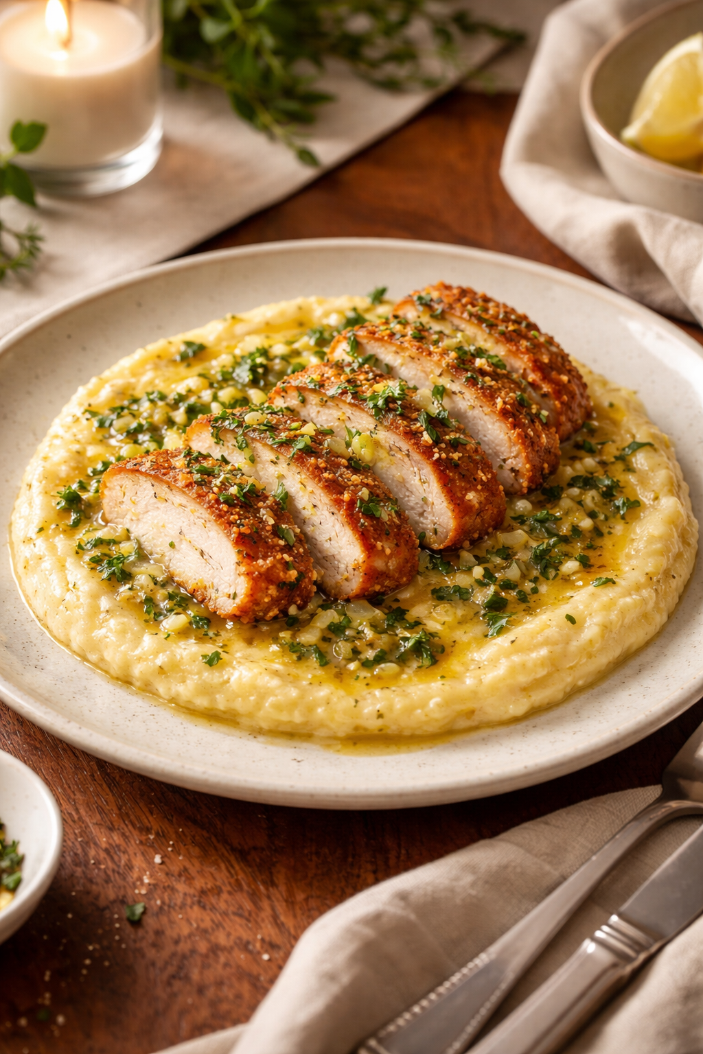 January: Crispy Chicken with Parmesan Polenta and Lemon Herb Pan Sauce